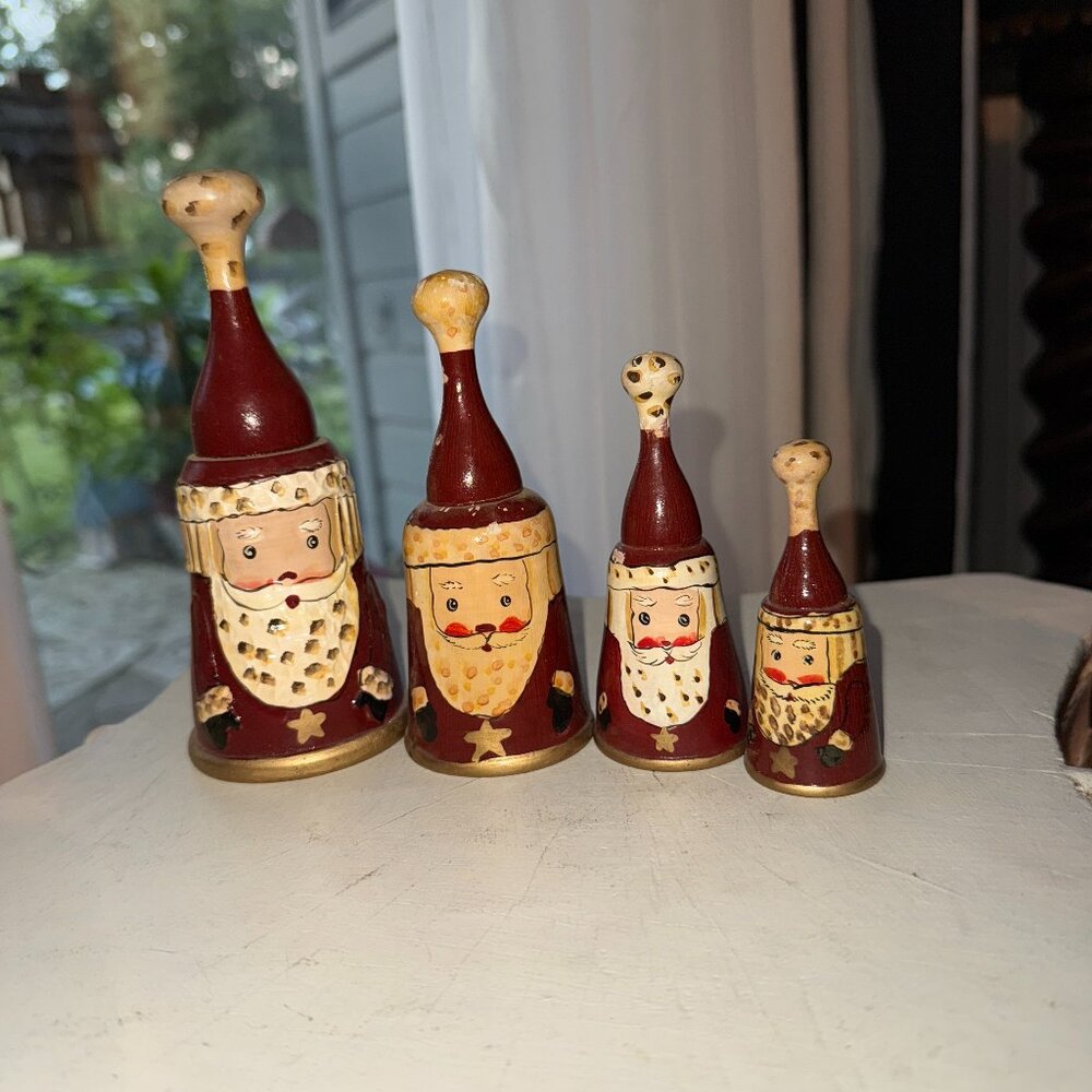 Vintage Christmas Santa Claus Bell Hand Painted Hand Carved Wooden Set of 4 Ding